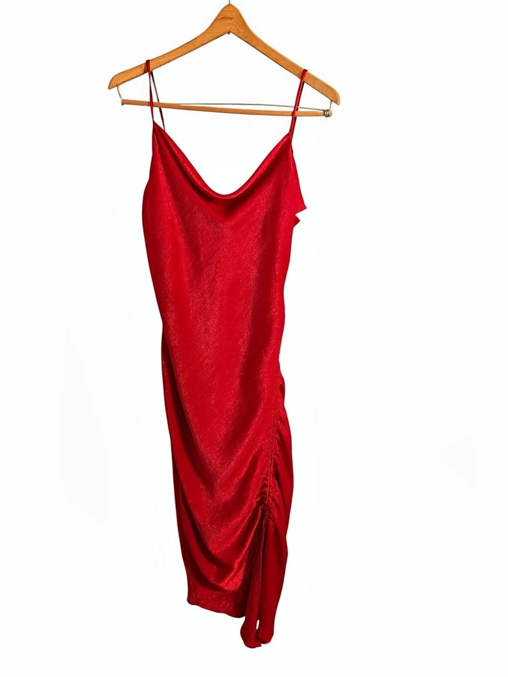 Lulus Rolande Red Satin Ruched Midi Slip Dress Red Medium - Picture 2 of 7